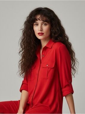 Poof! Red Stretchy Cotton Blend Roll Tab Sleeve Shirt Dress Size M